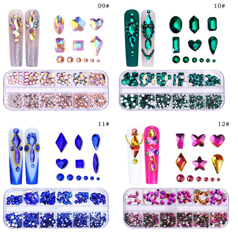 12-Grid 3D AB Nail Art Jewelry Special-Shaped Flat Bottom Rhinestone with Zircon Diamond Nail Decoration