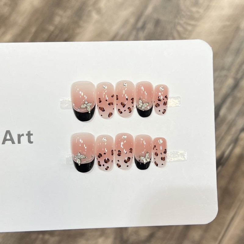 Early Autumn Wear Armor Pure Hand-made Caramel French Leopard Butterfly Manicure for Fingers for Nail Art in Winter