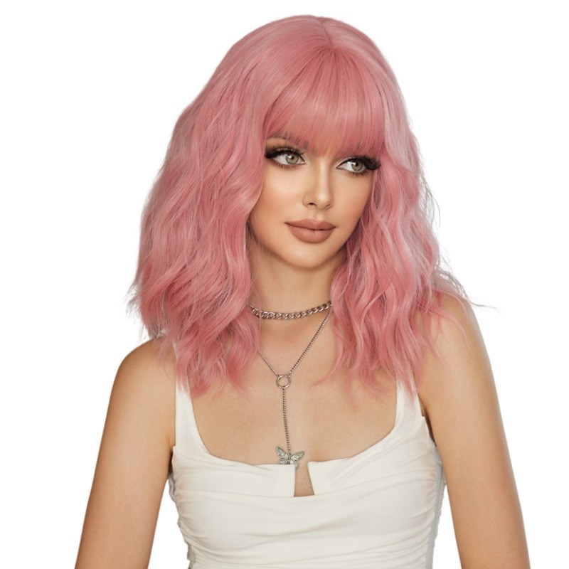 Women's Pink Shoulder-Length Cosplay Wig Full Head Cover Curly Hair Cyber-red Small Cap Transparent Lace Water Ripple Design