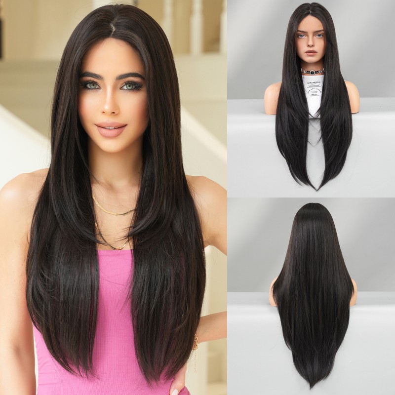 Super Long Straight Hair Women's High-Level Lace Front Wig Black Brown Full Head Cover Natural Stitching for Daily Use for Girls