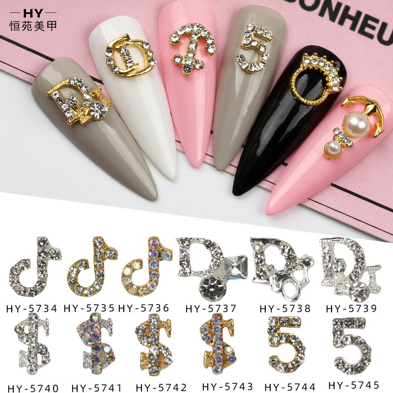 New Nail Art Alloy Jewelry Diamond Nail Decoration Accessories Tik Tok Symbol D-character Coin 5-character Anchor Nail Art