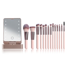 Makeup Brush Set Manufacturer - OEM 14PCS Rose Gold Synthetic Soft LED Light Mirror