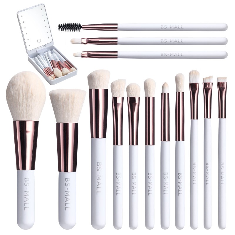 Makeup Brush Set Manufacturer - OEM 14PCS Rose Gold Synthetic Soft LED Light Mirror