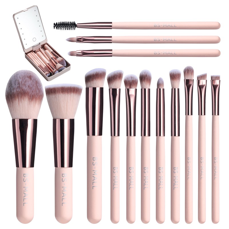 Makeup Brush Set Manufacturer - OEM 14PCS Rose Gold Synthetic Soft LED Light Mirror