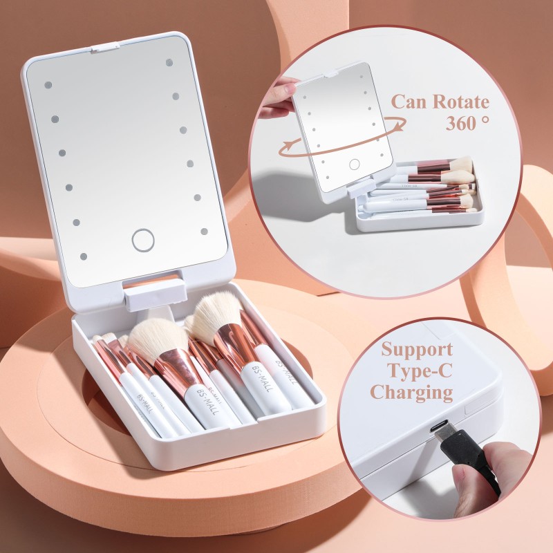 Makeup Brush Set Manufacturer - OEM 14PCS Rose Gold Synthetic Soft LED Light Mirror