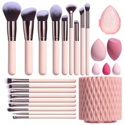 Makeup Brush Set Manufacturer - OEM Custom Logo 50 MOQ 18 Pcs with Sponge Holder