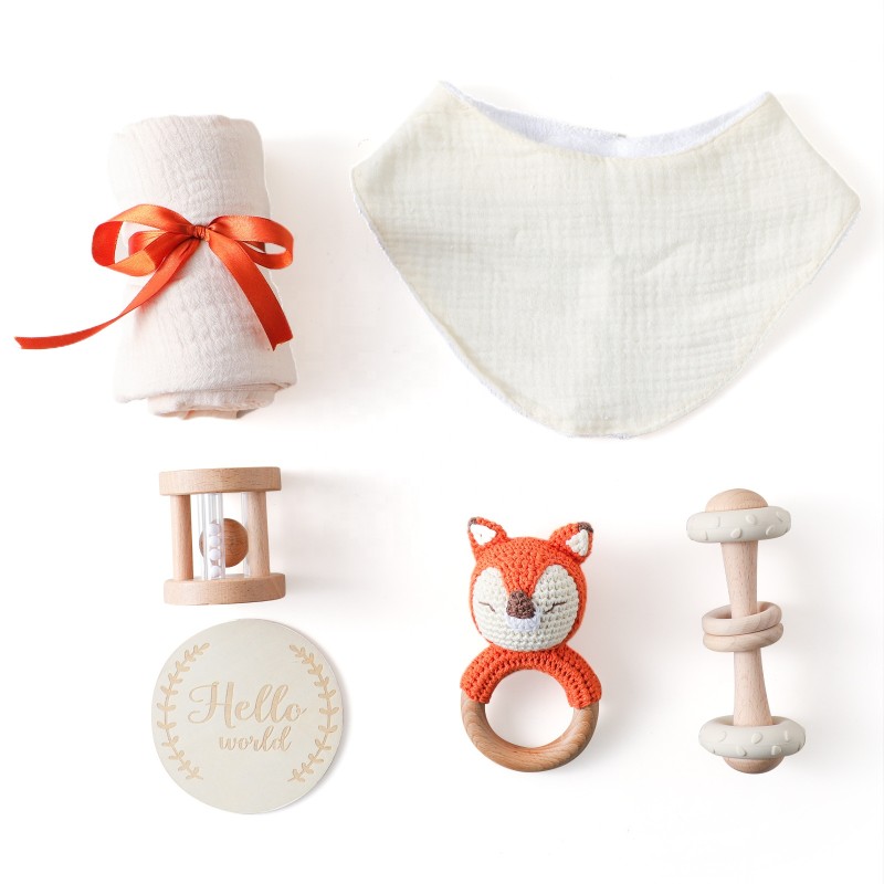 Baby Milestone Set Factory - Drool Towel Toy Wood Ring Rattle