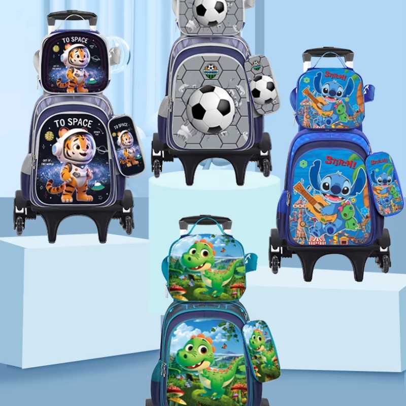 Children's Backpack Manufacturer - OEM Three Piece Pull Rod Cute Cartoon Large Capacity Two Wheel