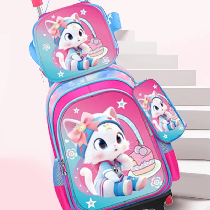 Children's Backpack Manufacturer - OEM Three Piece Pull Rod Cute Cartoon Large Capacity Two Wheel