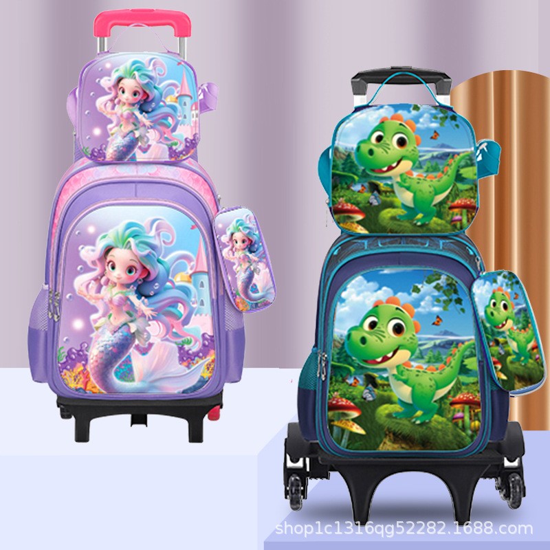 Children's Backpack Manufacturer - OEM Three Piece Pull Rod Cute Cartoon Large Capacity Two Wheel