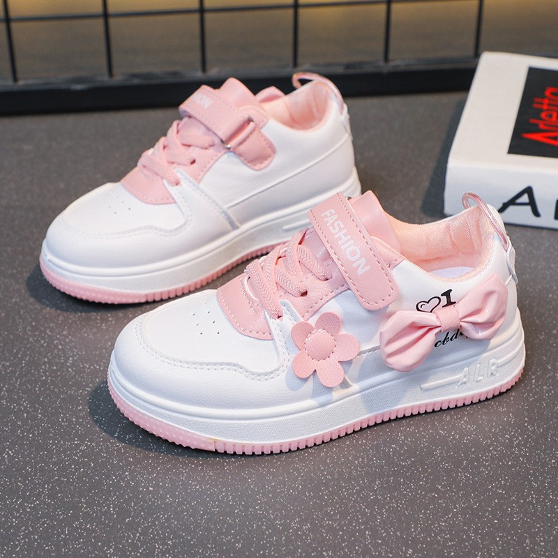 Girls Sports Shoes Manufacturer - OEM Pink White Ribbon Bow Spring Autumn Lightweight Casual Flat