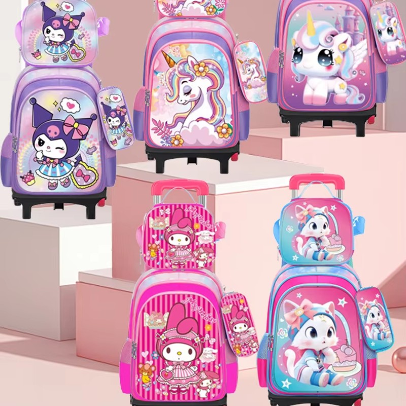 Children's Backpack Manufacturer - OEM Three Piece Pull Rod Cute Cartoon Large Capacity Two Wheel