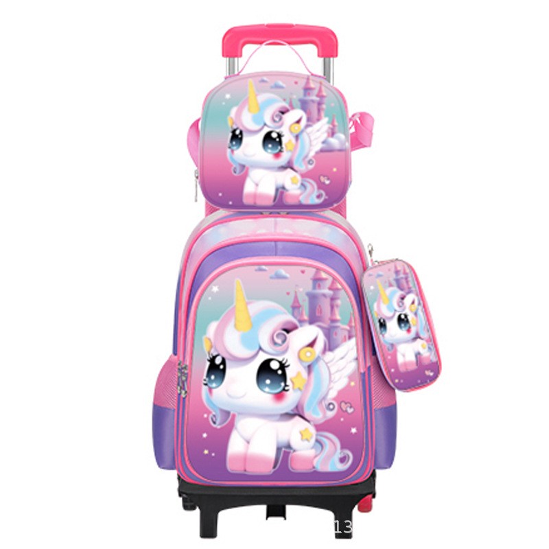 Children's Backpack Manufacturer - OEM Three Piece Pull Rod Cute Cartoon Large Capacity Two Wheel