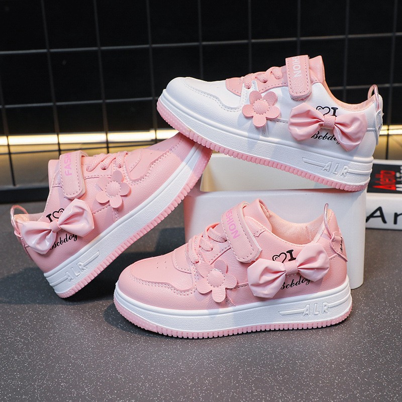 Girls Sports Shoes Manufacturer - OEM Pink White Ribbon Bow Spring Autumn Lightweight Casual Flat