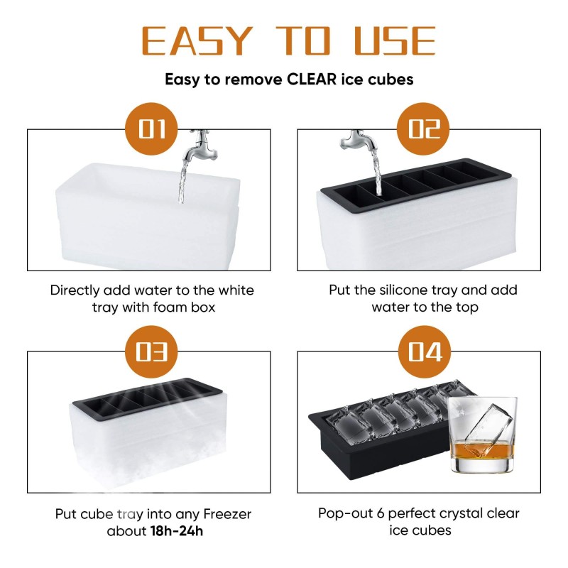 Large Crystal Ice Cube Maker Tray Factory - 6 Cavity BPA-Free Silicone Cocktail Mold