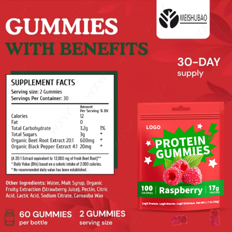 OEM Dietary Supplement Products Protein and Fibre Gummies Natural Raspberry High Protein Muscle Gain Gummies with 17g Protein