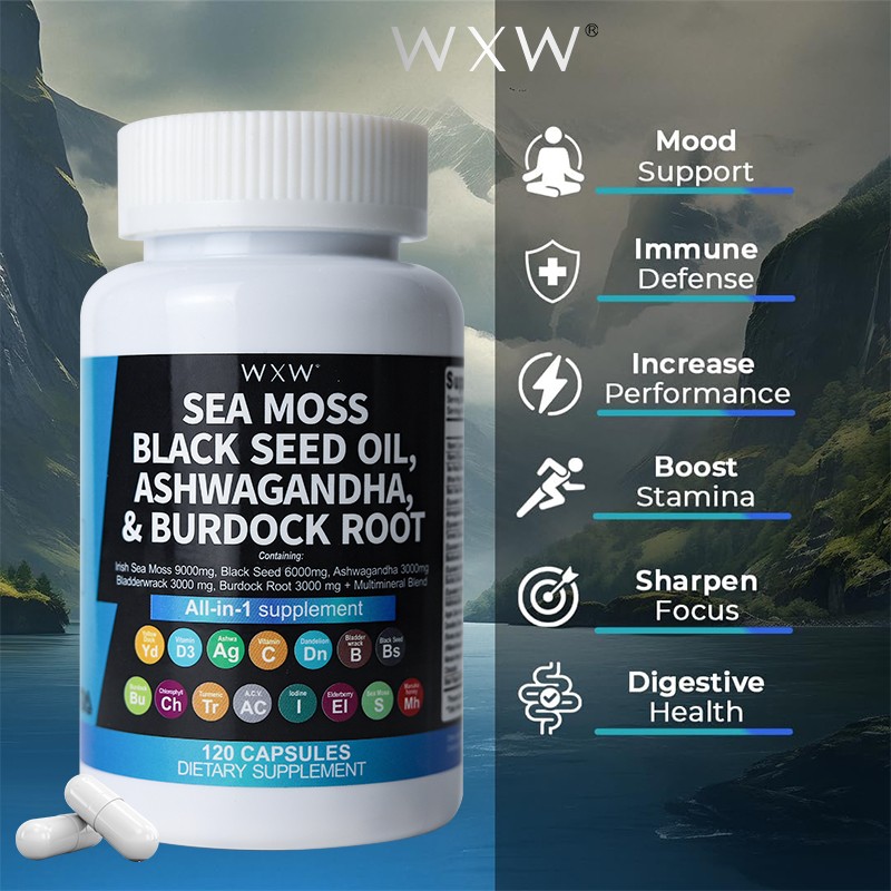 In Stock 9000mg Sea Moss Skin Care Hard Capsules Multimineral  Sea Moss 3000mg Black Seed Oil 2000mg Sea Moss Capsules