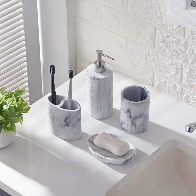 Bathroom Accessory Set Manufacturer - 4 Pcs Marble Look Soap Dispenser Set