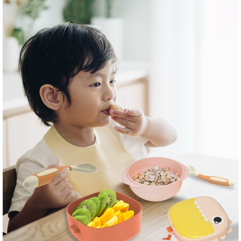 Kids Dining Tableware Set Manufacturer - Custom PP Plastic Food Bowls with Silicone Bibs Spoon Fork