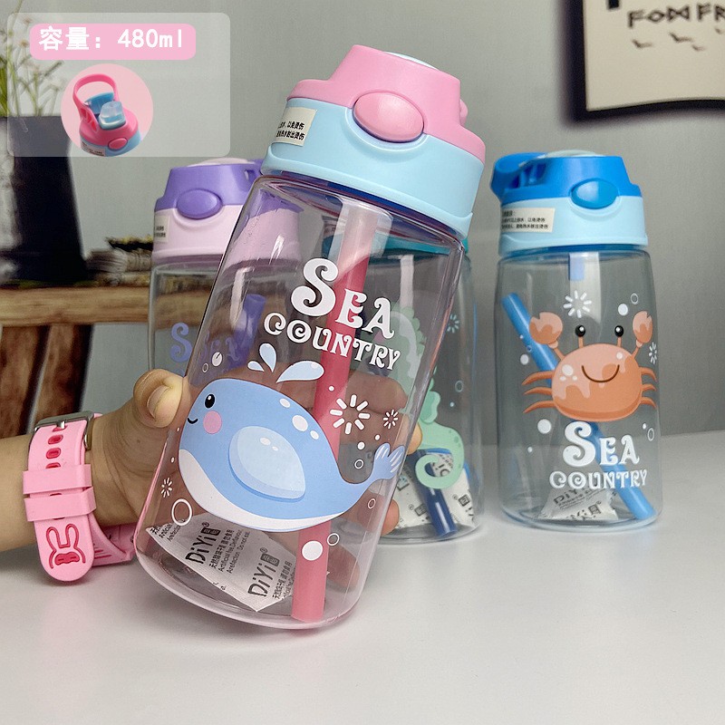 Children Water Bottle - Cartoon Straw Cup