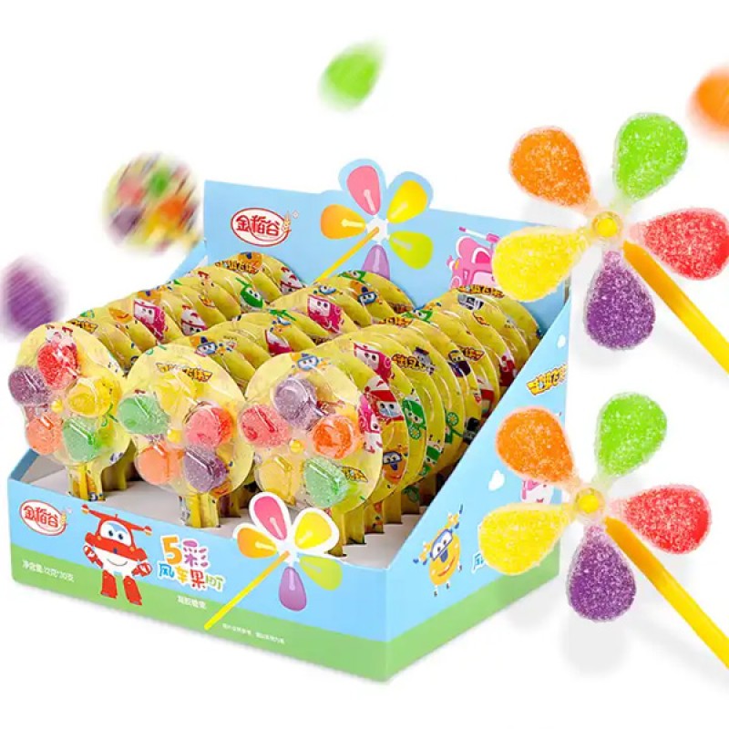 Wholesale Custom China Shantou Halal Fruit Spin Windmill Whistle Lollipop Candy Toys
