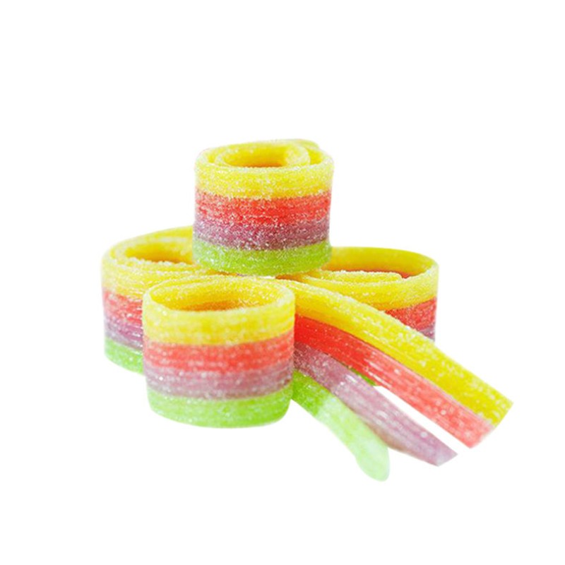 Wholesale rainbow Sugar Coated Fruit Flavor Sour Belt Fruit Roll up Soft Gummy Candy and Sweets