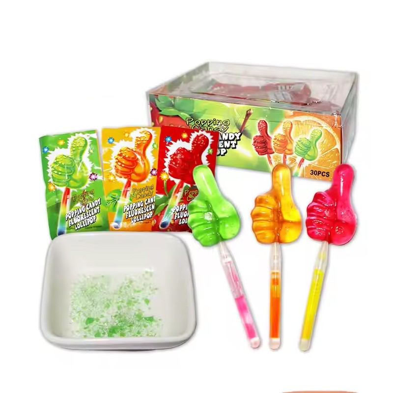 Sweet Fruity Thumb Neon Fluorescent Lollipop with Sour Popping Candy