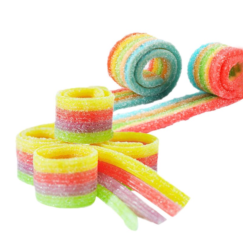 Wholesale rainbow Sugar Coated Fruit Flavor Sour Belt Fruit Roll up Soft Gummy Candy and Sweets