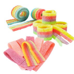 Wholesale rainbow Sugar Coated Fruit Flavor Sour Belt Fruit Roll up Soft Gummy Candy and Sweets
