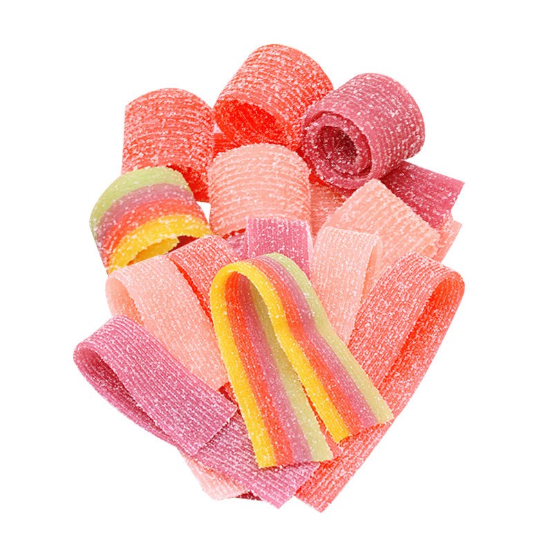 Wholesale rainbow Sugar Coated Fruit Flavor Sour Belt Fruit Roll up Soft Gummy Candy and Sweets
