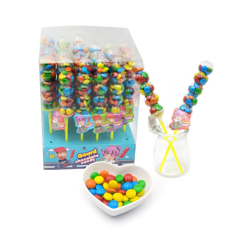 Halal Gourd Shaped Lollipop Toy Candy With Colorful Sweet Crispy Chocolate Bean