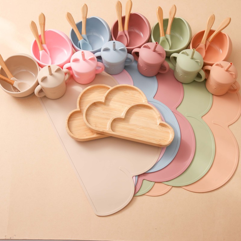 Silicone Baby Tableware Set Manufacturer - Cartoon Design Includes Plate Bowl Spoon Fork Sippy Cup for Dining