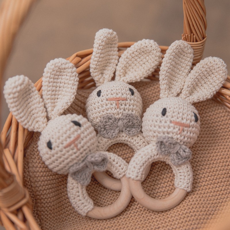 Crochet Rattle Teether Manufacturer - Animal Bunny Rabbit Wooden Shaking Bell Handcraft Soft Handbell
