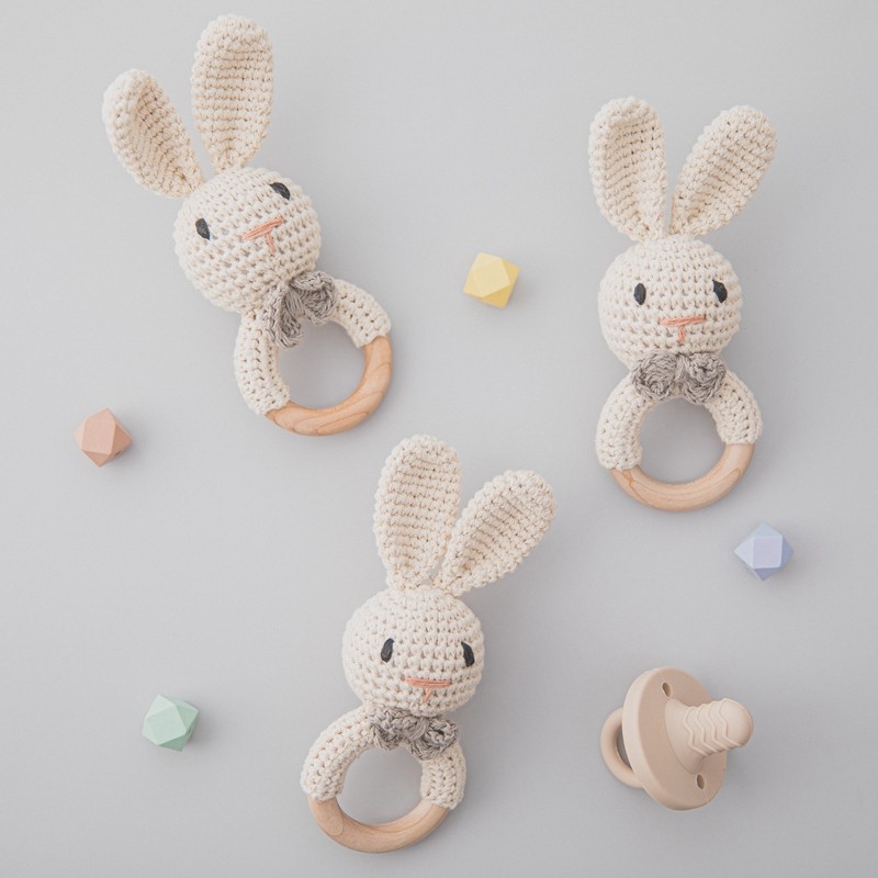 Crochet Rattle Teether Manufacturer - Animal Bunny Rabbit Wooden Shaking Bell Handcraft Soft Handbell