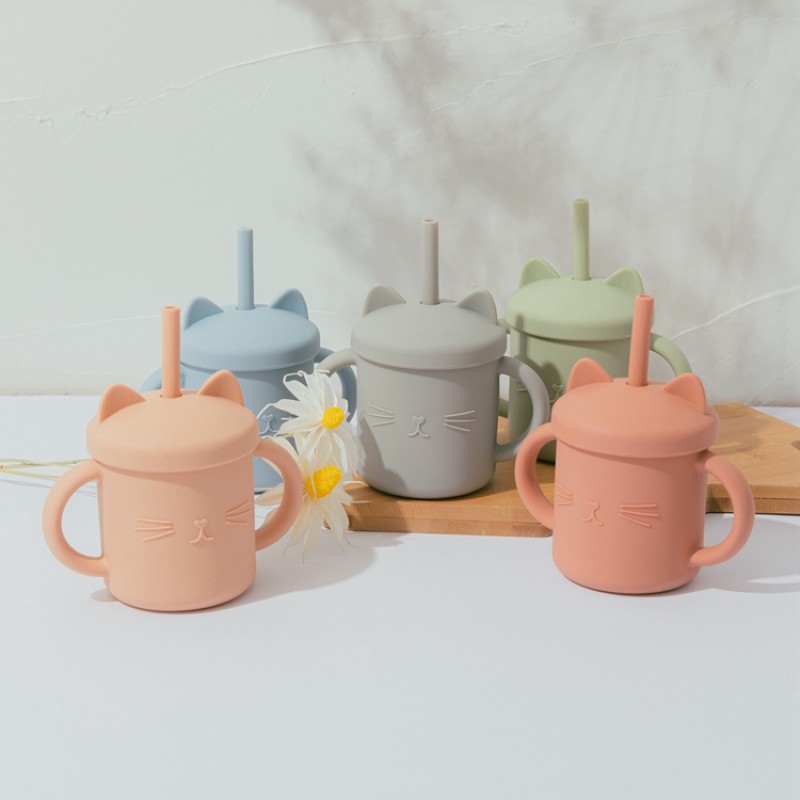 Silicone Sippy Cup Manufacturer - 200ml Portable Reusable Toddler Training Straw with Handle Cartoon Pattern
