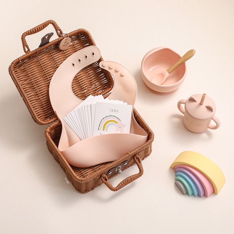 Baby Gift Set Manufacturer - Silicone Bib Bowl Cup Wooden Milestone Toy Newborn Retro Hamper Set
