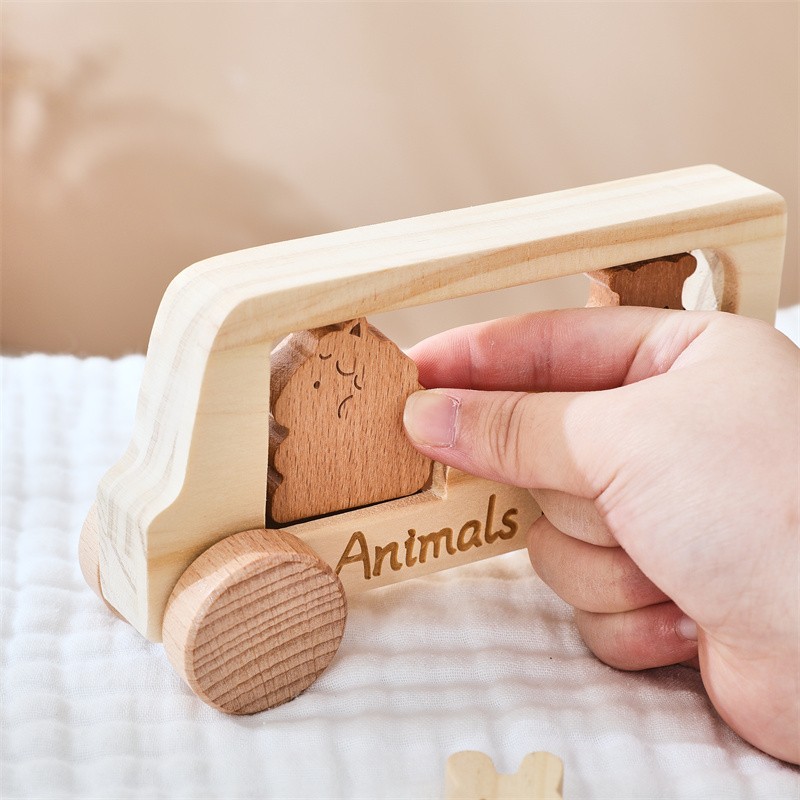 Wooden Bus Toy Manufacturer - Unisex Montessori Car PC Early Educational Animal Cognition Games for Baby