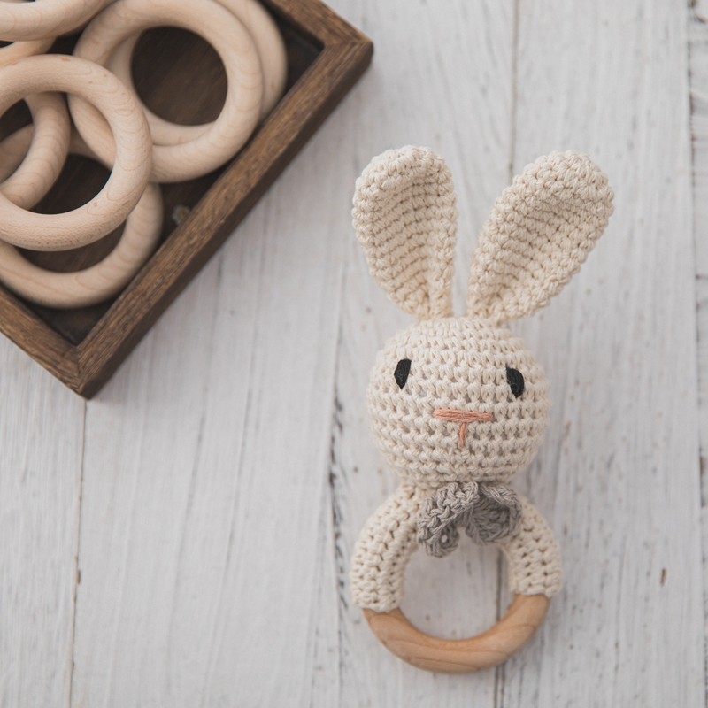 Crochet Rattle Teether Manufacturer - Animal Bunny Rabbit Wooden Shaking Bell Handcraft Soft Handbell