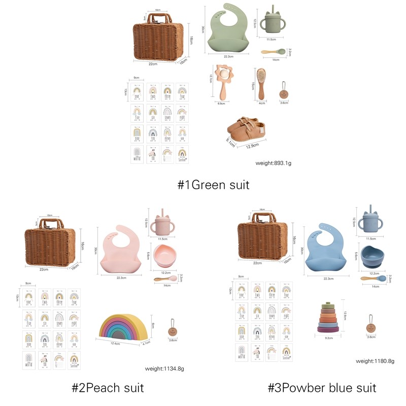 Baby Gift Set Manufacturer - Silicone Bib Bowl Cup Wooden Milestone Toy Newborn Retro Hamper Set