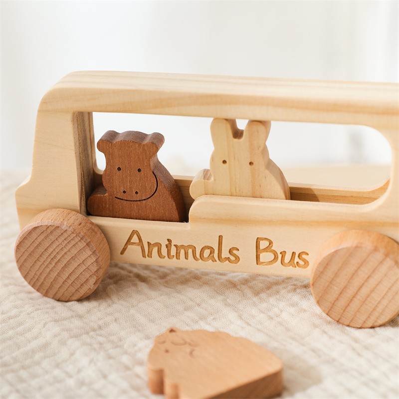 Wooden Bus Toy Manufacturer - Unisex Montessori Car PC Early Educational Animal Cognition Games for Baby