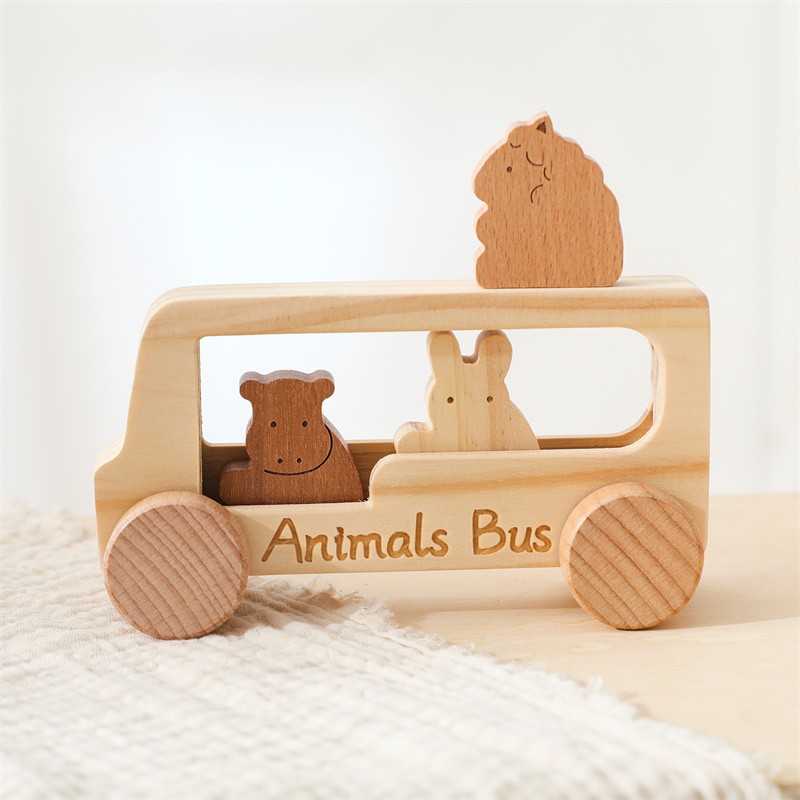 Wooden Bus Toy Manufacturer - Unisex Montessori Car PC Early Educational Animal Cognition Games for Baby