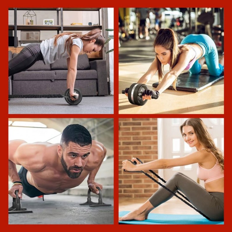 Ab Exercise Wheels Set Manufacturer - 6-in-1 Kit With Resistance Bands Knee Mat Jump Rope Push-Up Bar Fitness Equipment