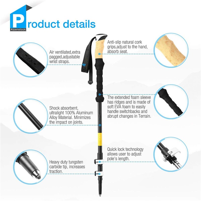 Aluminum Trekking Poles Manufacturer - Ultralight 7075 Collapsible Carbon Walking Stick with Cork Handle Quick Lock