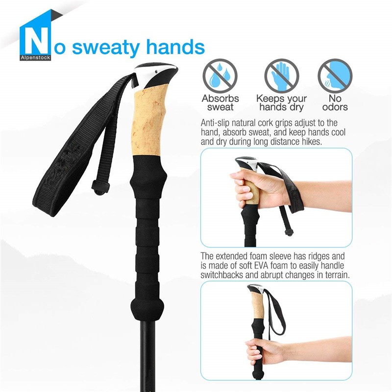 Aluminum Trekking Poles Manufacturer - Ultralight 7075 Collapsible Carbon Walking Stick with Cork Handle Quick Lock