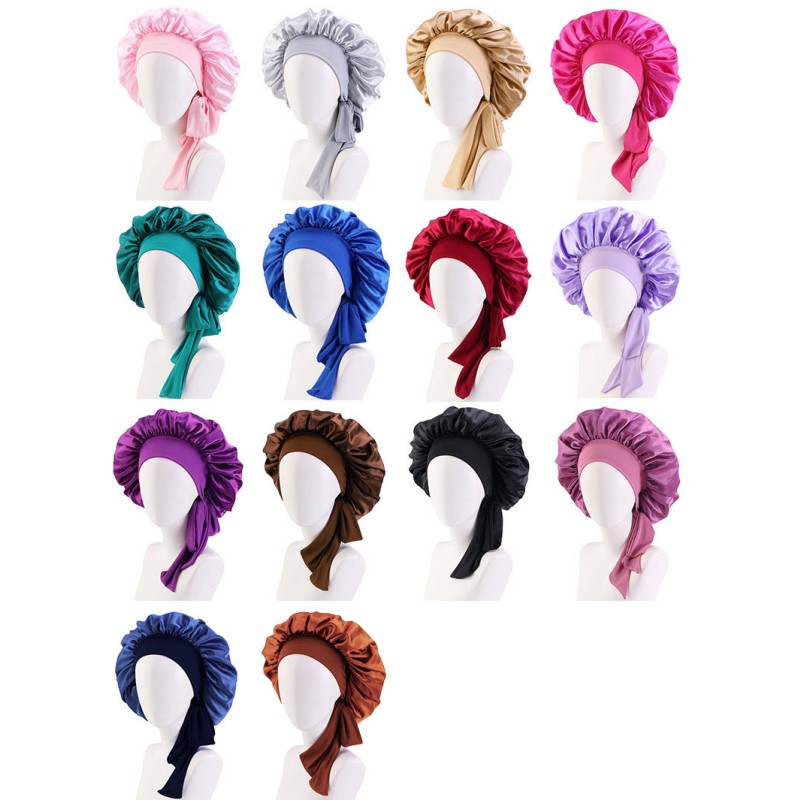 Large Satin Bonnet Manufacturer - Silk Sleeping Cap Elastic Tie Band Women Natural Curly Hair Shower Cap