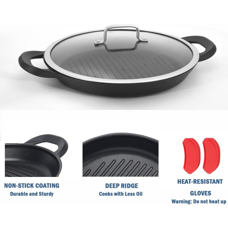 Nonstick Grill Pan Manufacturer - OEM 13inch Cast Aluminum with Lid Tools