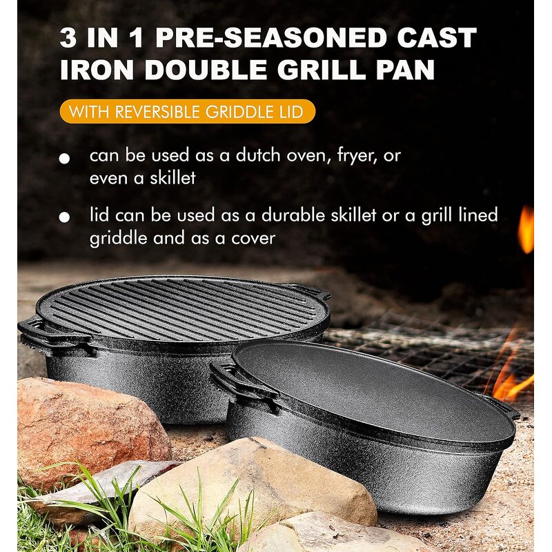 Pre Seasoned Cast Iron Dutch Oven Supplier - OEM 3 in 1 with Reversible Grill Lid