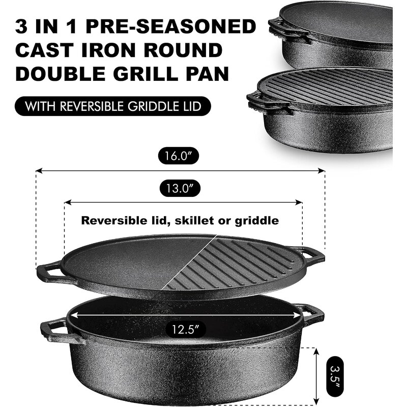 Pre Seasoned Cast Iron Dutch Oven Supplier - OEM 3 in 1 with Reversible Grill Lid