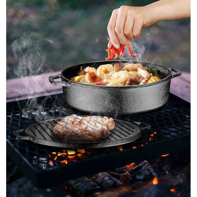 Pre Seasoned Cast Iron Dutch Oven Supplier - OEM 3 in 1 with Reversible Grill Lid