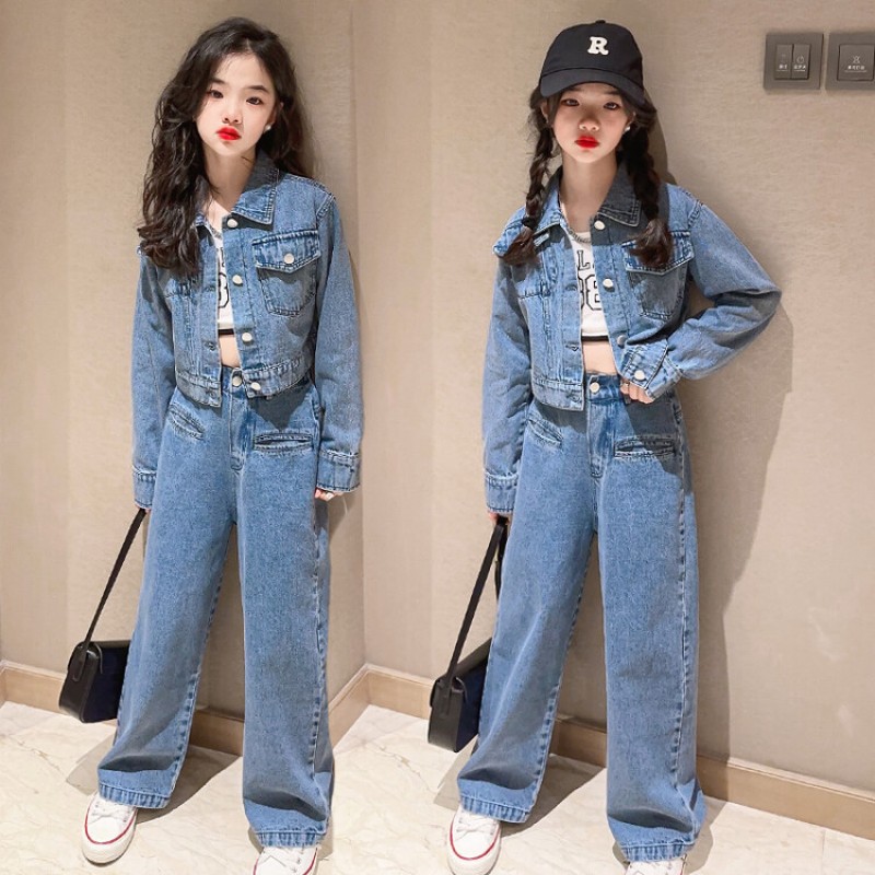 Girl Clothes Set Supplier - OEM Spring Autumn Denim Jacket Trousers Set